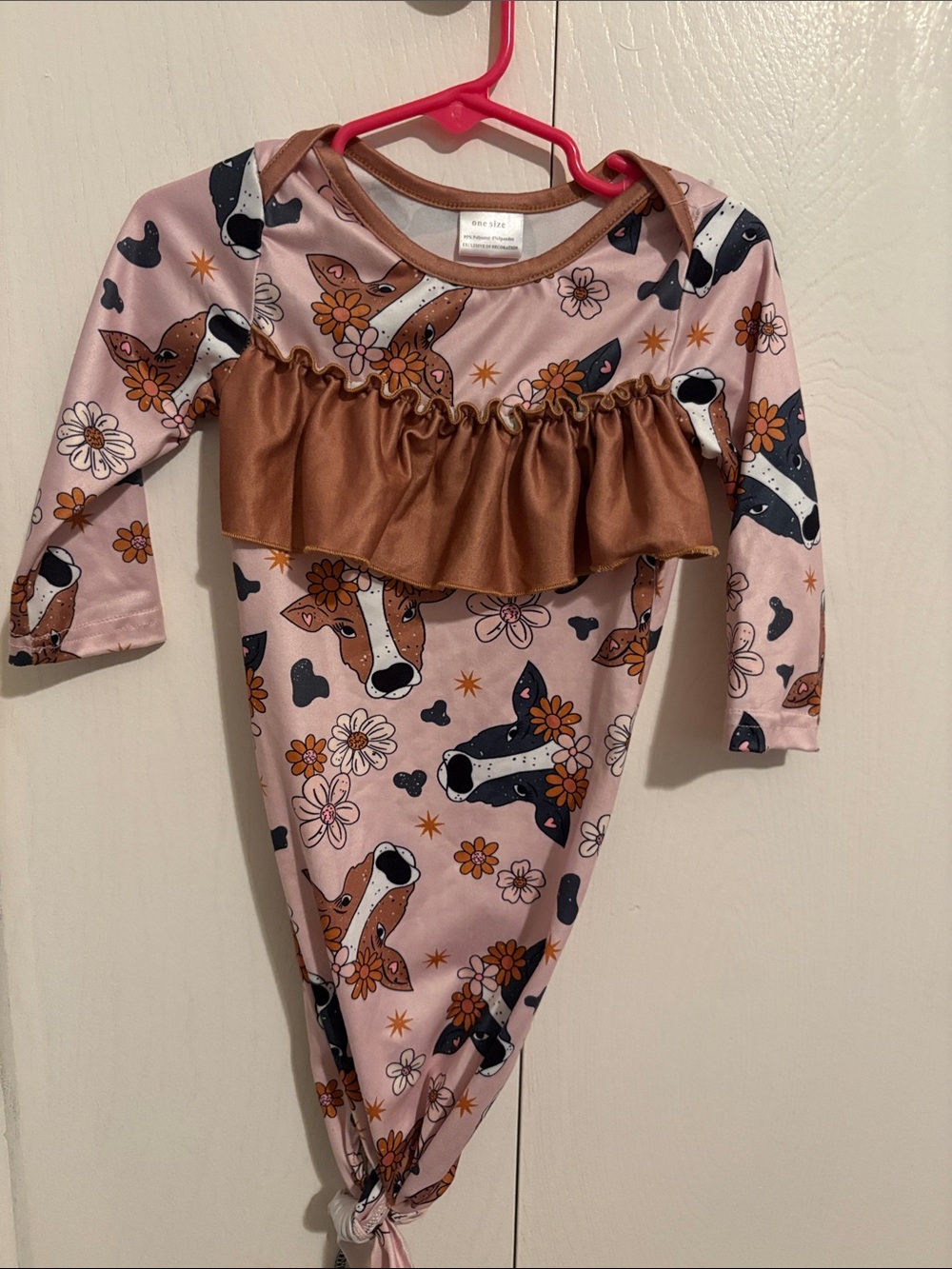 (Brand) Pink Floral Dog Print Baby One-Piece with Brown Ruffle